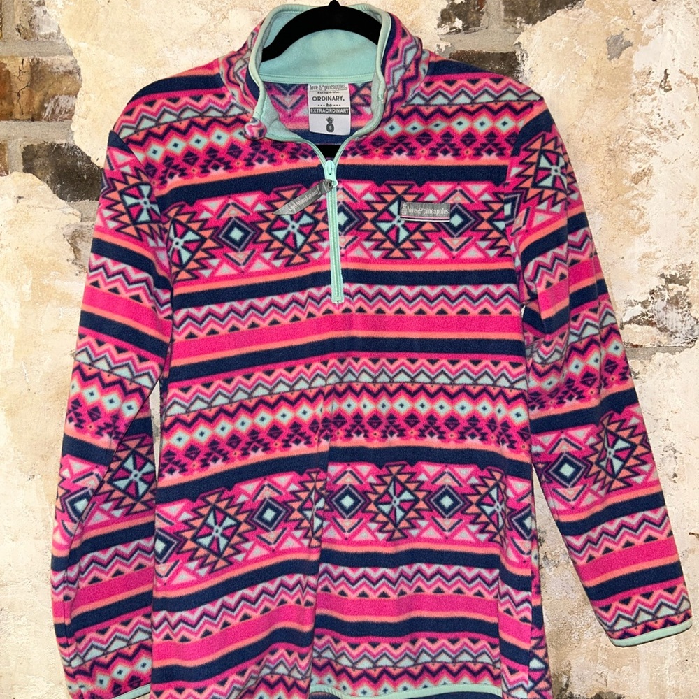Pink and Blue Graphic Long Sleeve Polo Sweatshirt